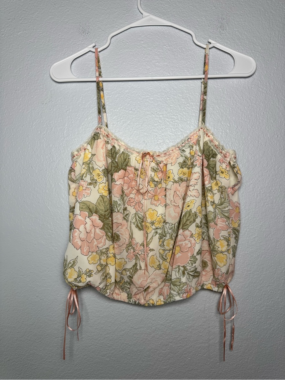 Wayf Cream Floral Spaghetti Strap Bubble Cami with Pink and Yellow Flowers